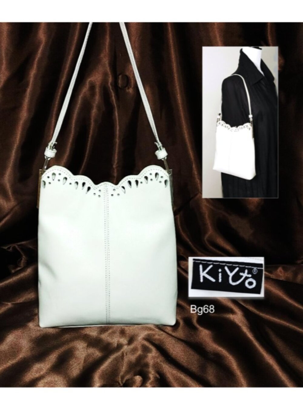 KIYTO Japan white Leather Satchel Perforated Scalloped Edge Shoulder Bag Purse